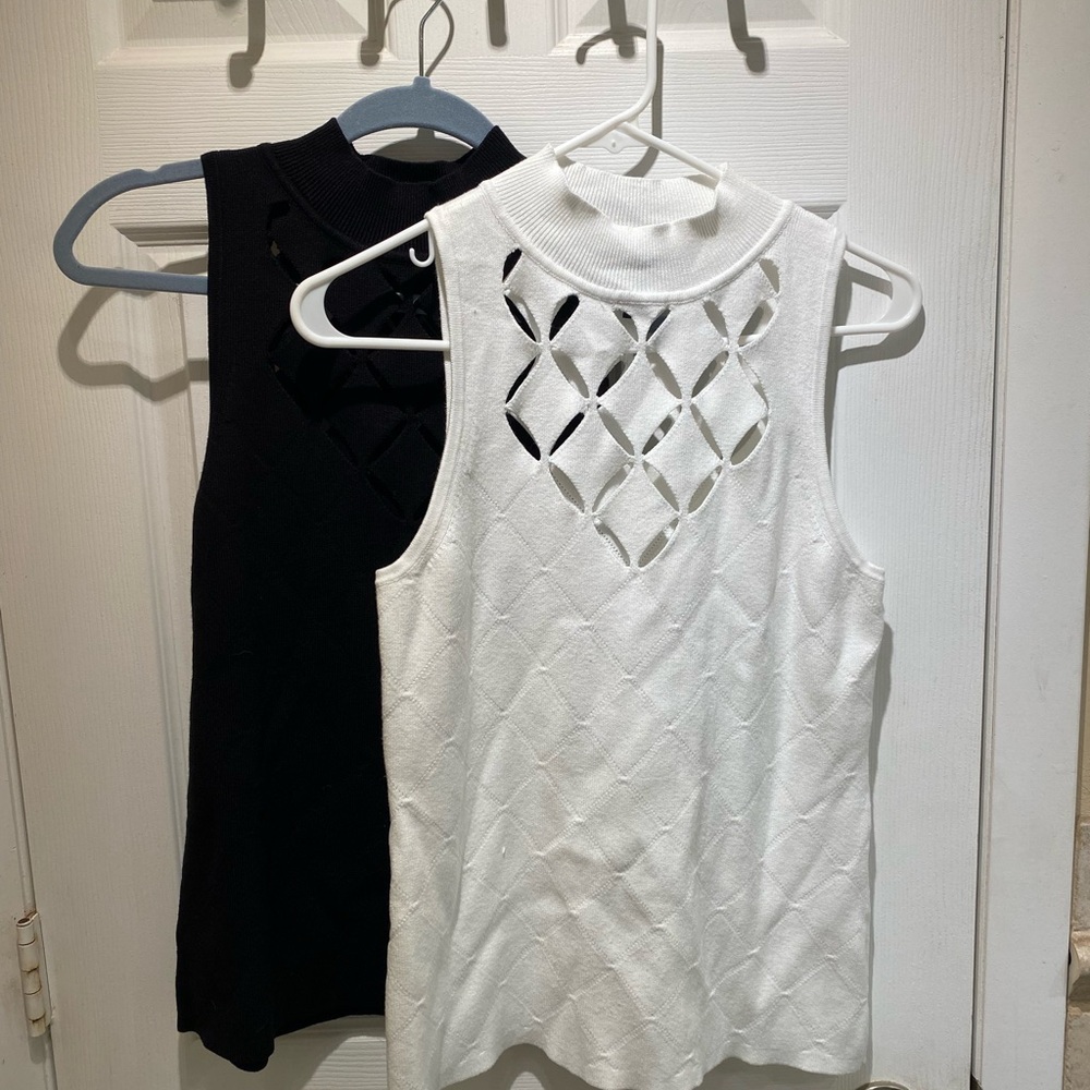 White House Black Market Black and White Cut-Out Tank Tops